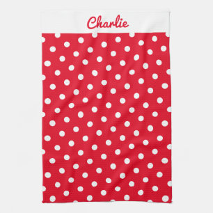 Red Polka Dot Pattern Stylish Personalised Kitchen Tea Towel