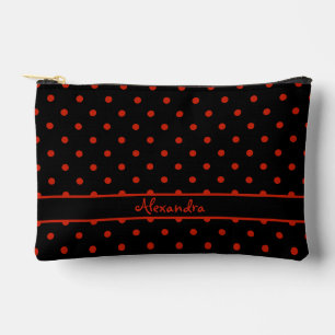 Red polka dot pattern with custom name on black accessory pouch