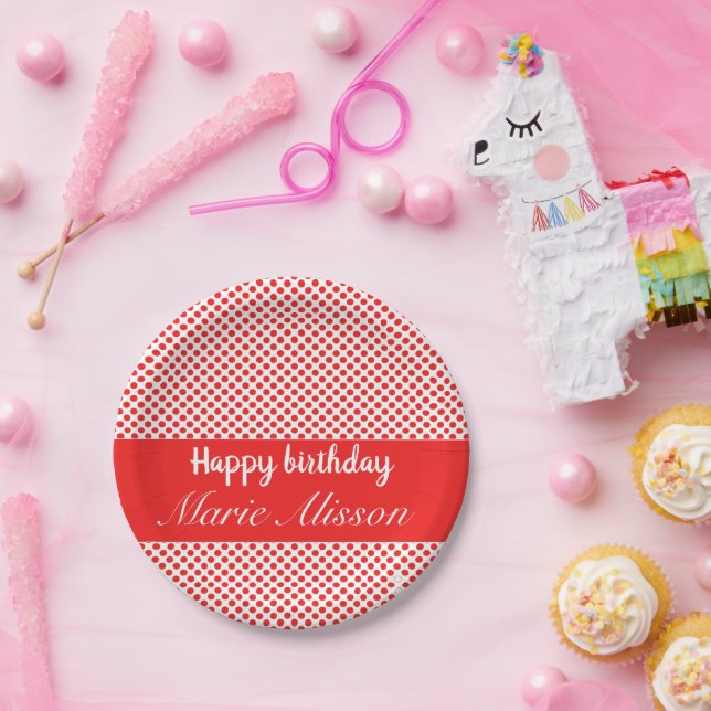 Red Polka Dot Personalised Birthday Custom Name Paper Plate (Party)