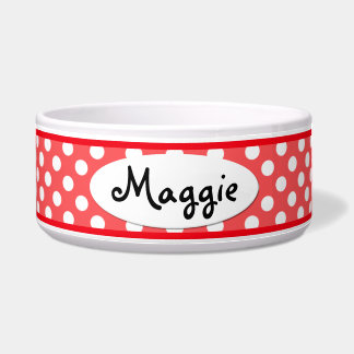 Red Polka Dot Personalised Ceramic Dog Bowl