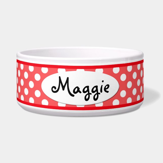 Red Polka Dot Personalised Ceramic Dog Bowl (Front)