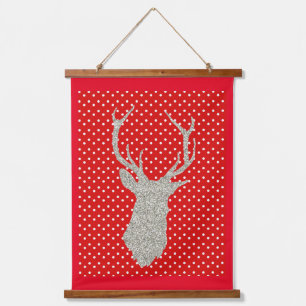Red Polka Dot Silver Glitter Deer Holiday Hanging Tapestry