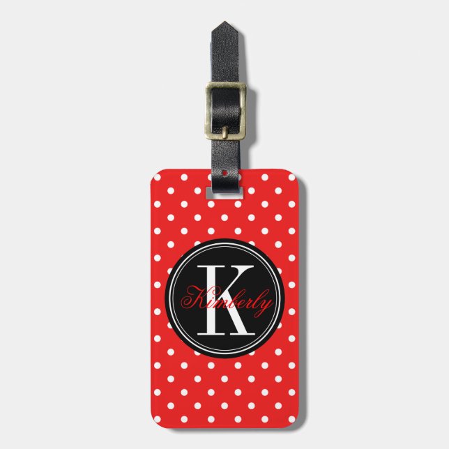 Red Polka Dot with Black Monogram Luggage Tag (Front Vertical)