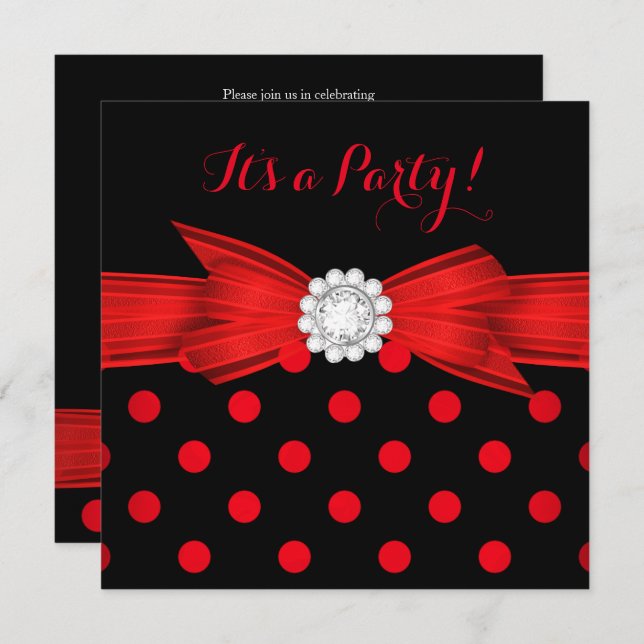 Red Polka Dots Diamond Bow Black Party Invitation (Front/Back)