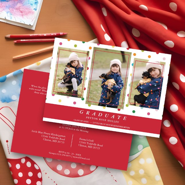 Red Polka Dots Funny Graduate 3 Photos Collage Invitation (Red Polka Dots Funny Graduate 3 Photos Collage Invitation Card.)