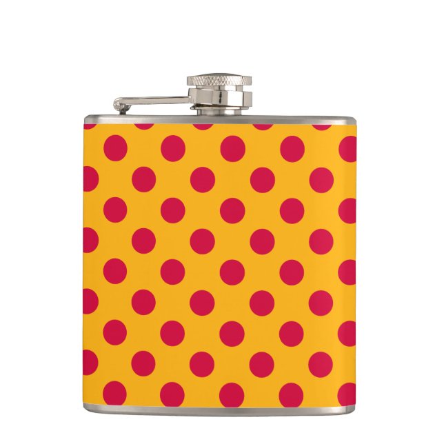 Red polka dots on yellow hip flask (Front)