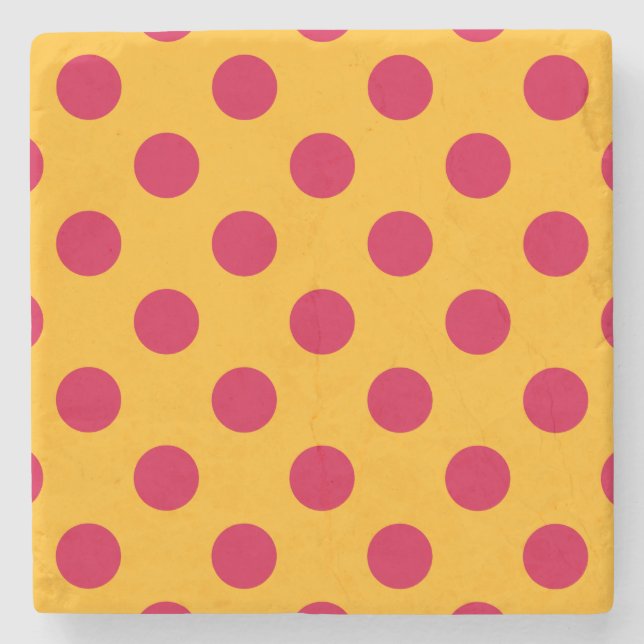 Red polka dots on yellow stone coaster (Front)