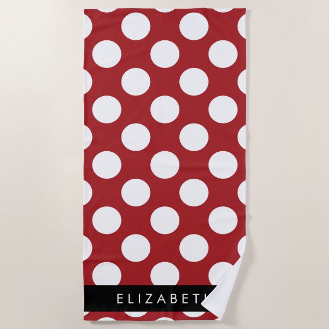Red Polka Dots, Polka Dot Pattern, Your Name Beach Towel (Front)