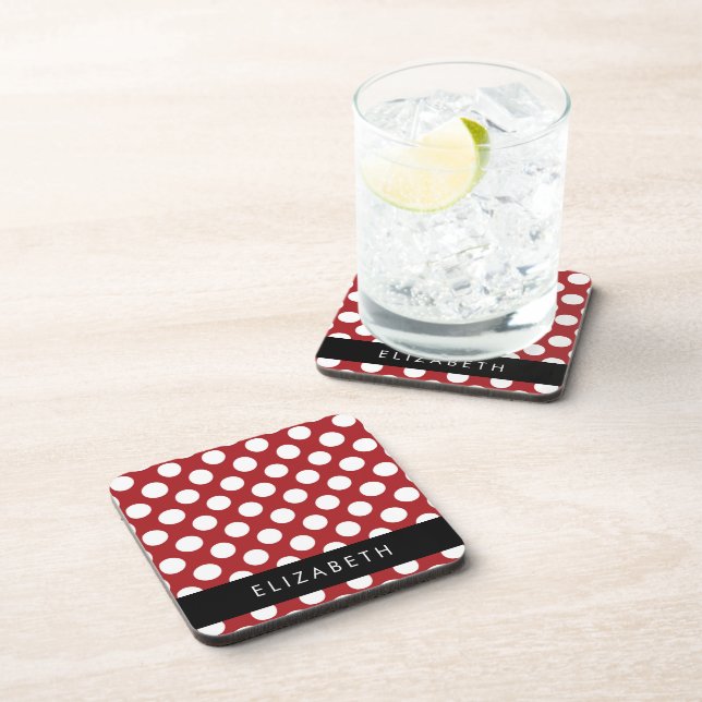 Red Polka Dots, Polka Dot Pattern, Your Name Coaster (Right Side)