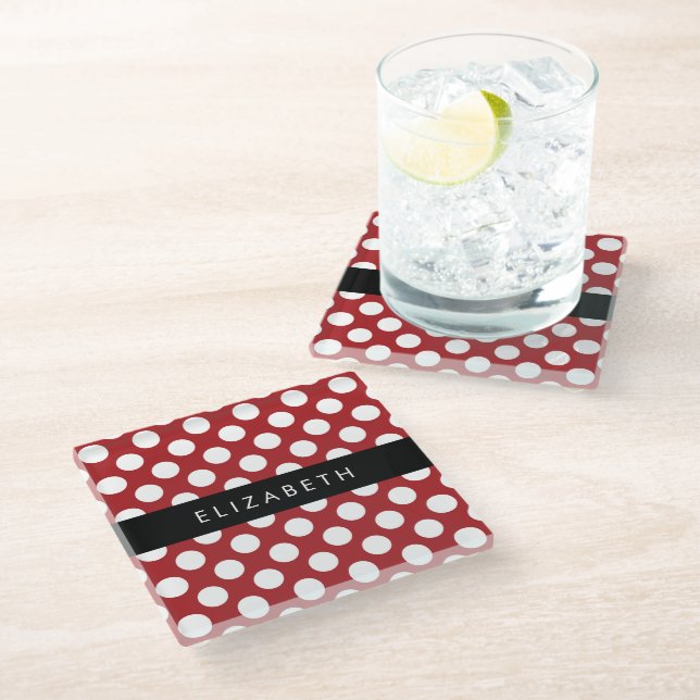 Red Polka Dots, Polka Dot Pattern, Your Name Glass Coaster (Angled)