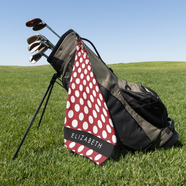 Red Polka Dots, Polka Dot Pattern, Your Name Golf Towel (Green)