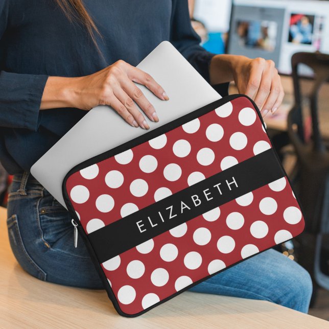 Red Polka Dots, Polka Dot Pattern, Your Name Laptop Sleeve (Creator Uploaded)