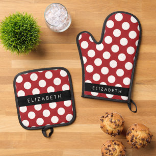 Red Polka Dots, Polka Dot Pattern, Your Name Oven Mitt & Pot Holder Set