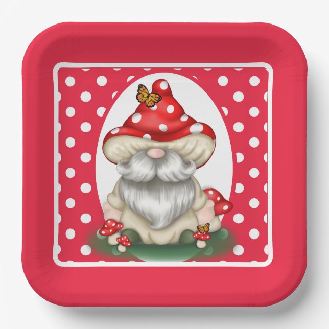 Red Polka Dotted Mushroom Gnome Paper Plate (Front)