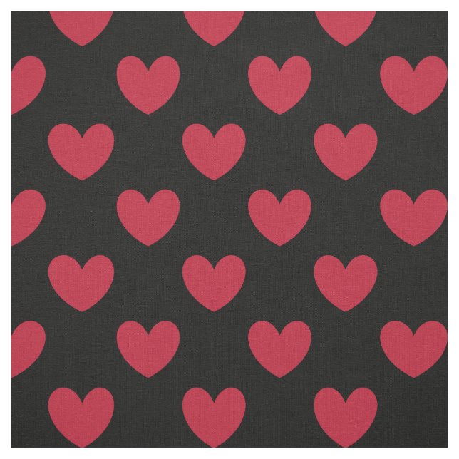 Red polka hearts on black fabric (Swatch)