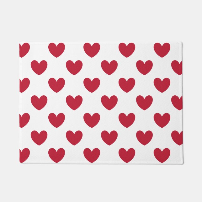 Red polka hearts on white doormat (Front)