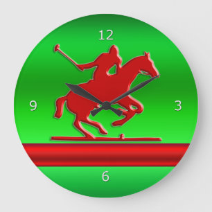 Red Polo Player on green metallic-effect field Large Clock