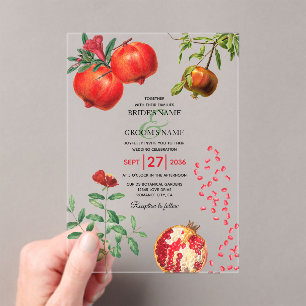Red Pomegranate Botanical Mediterranean Wedding Acrylic Invitations