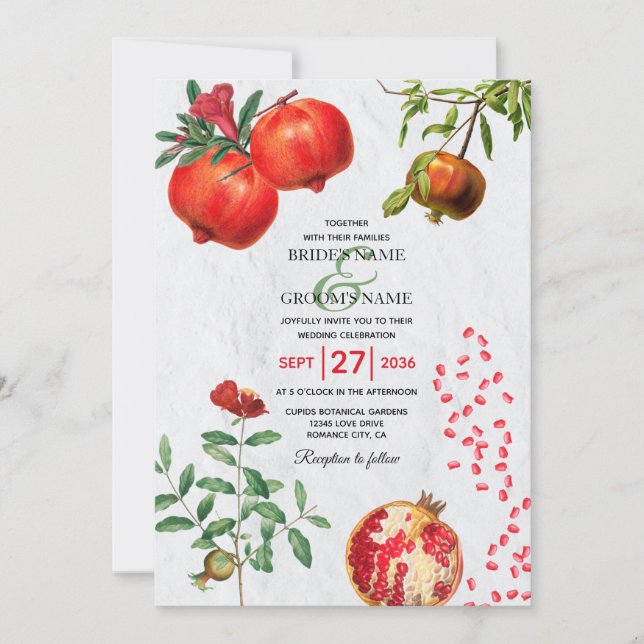 Red Pomegranate Botanical Mediterranean Wedding Invitation (Front)