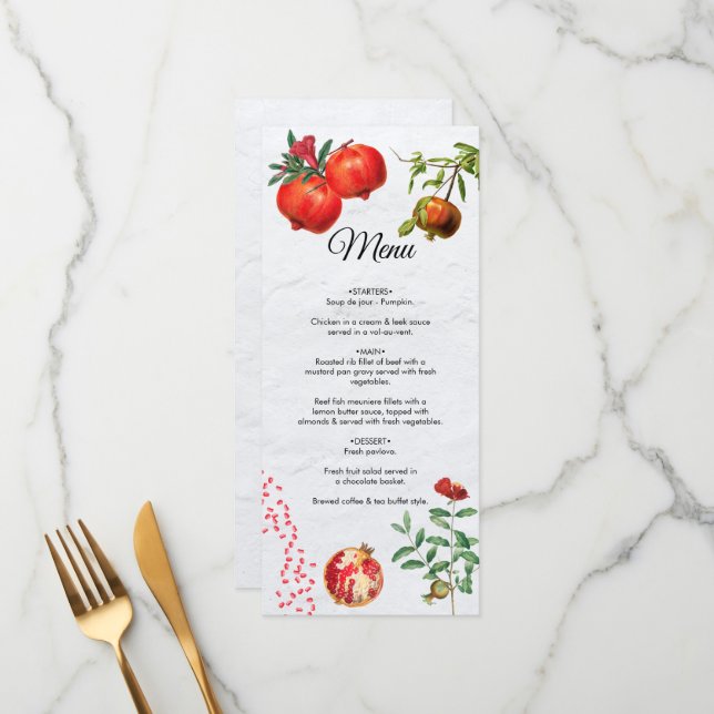 Red Pomegranate Botanical Mediterranean Wedding  Menu (Front/Back In Situ)