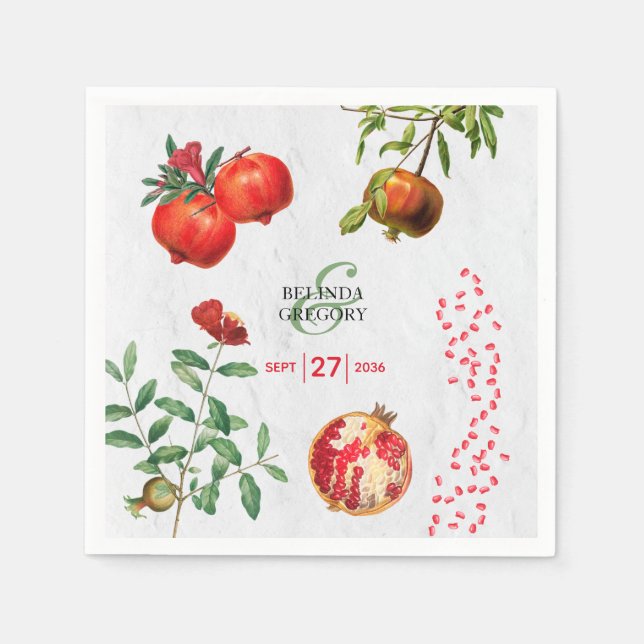 Red Pomegranate Botanical Mediterranean Wedding Napkin (Front)