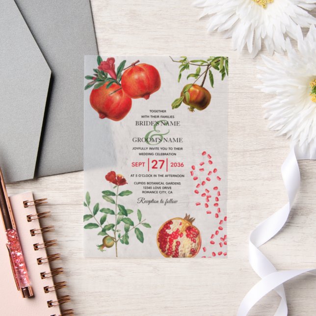 Red Pomegranate Botanical Mediterranean Wedding Vellum Invitations (Wedding)