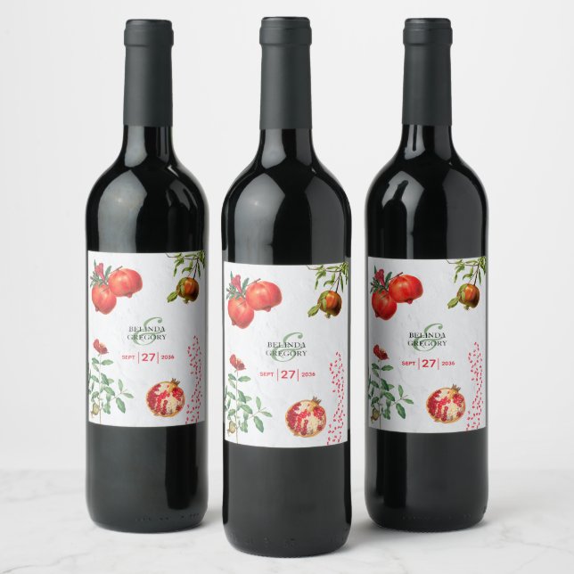 Red Pomegranate Botanical Mediterranean Wedding  Wine Label (Bottles)