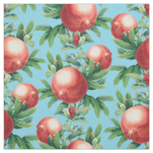 Red Pomegranate Fruits & Green Leaves Fabric
