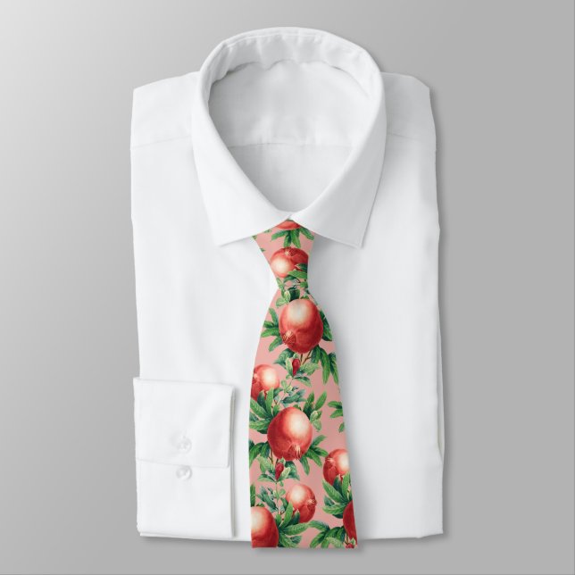 Red Pomegranate Fruits & Green Leaves Tie (Tied)