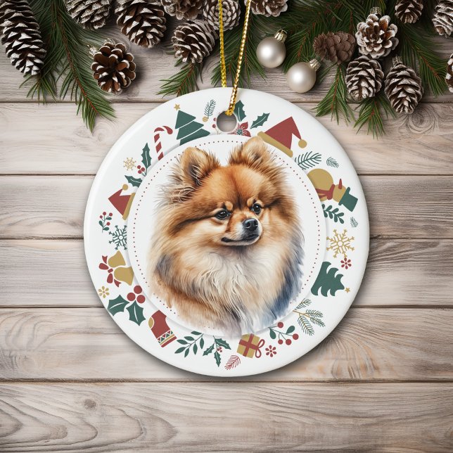 Red Pomeranian Dog Christmas Wreath Ceramic Tree Decoration (Creator Uploaded)