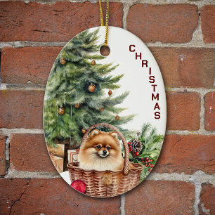 Red Pomeranian Dog Wicker Basket Christmas Ceramic Tree Decoration
