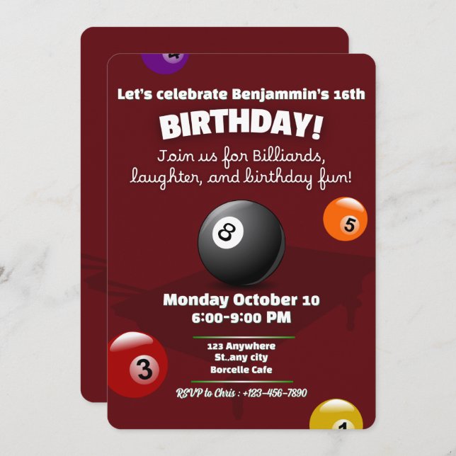 Red Pool Table Billiards Snooker Birthday Party Invitation (Front/Back)