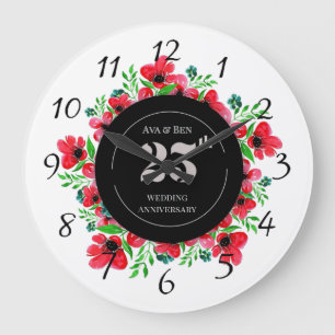 Red Poppies 25th Wedding Anniversary  Large Clock