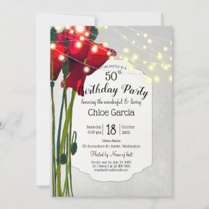 Red Poppies 50th Birthday Party Grey Invitation