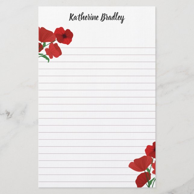 Red Poppies Add Names Lined Stationery (Front)
