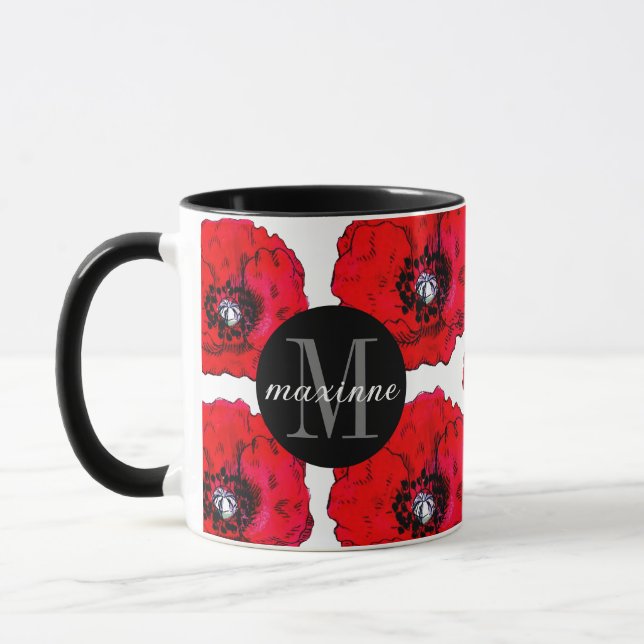 Red Poppies Add Your Name and Initial Mug (Left)