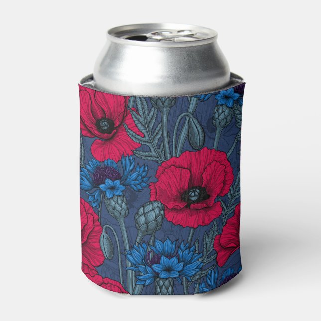 Red poppies and blue cornflowers on blue can cooler (Can Front)
