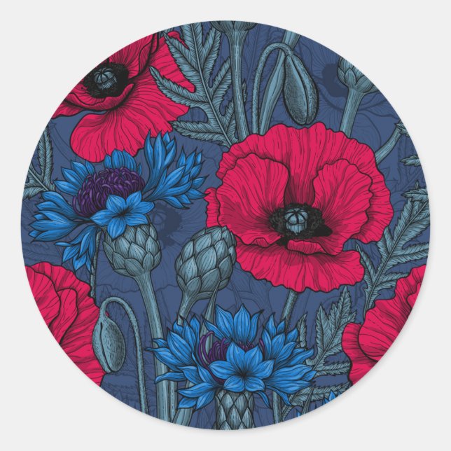 Red poppies and blue cornflowers on blue classic round sticker (Front)