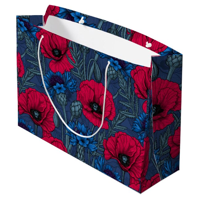 Red poppies and blue cornflowers on blue large gift bag (Back Angled)