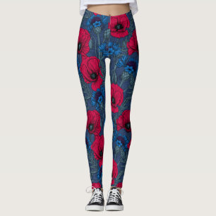 Red poppies and blue cornflowers on blue leggings