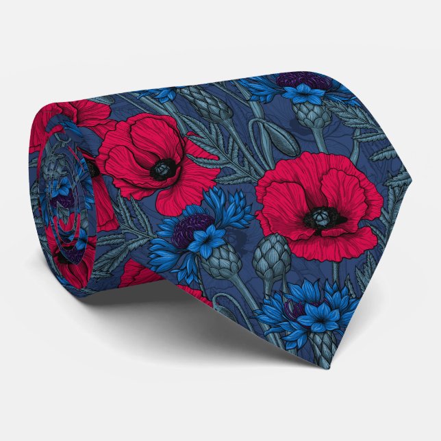 Red poppies and blue cornflowers on blue tie (Rolled)