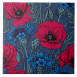 Red poppies and blue cornflowers on blue tile<br><div class="desc">Hand drawn vector pattern with red poppy flowers and blue cornflowers</div>