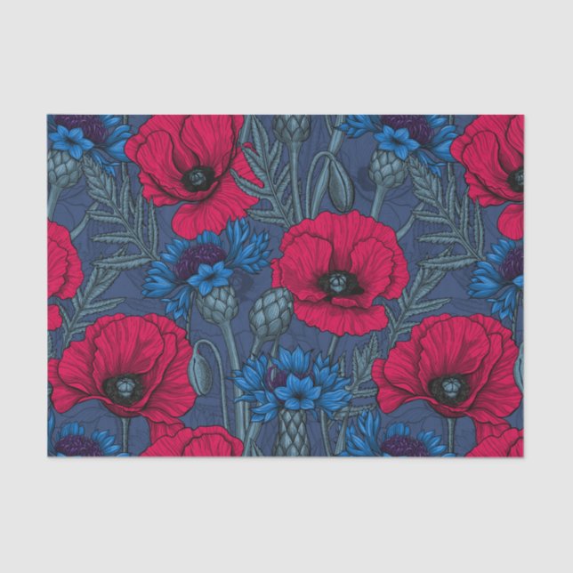 Red poppies and blue cornflowers on blue tissue paper (Front)