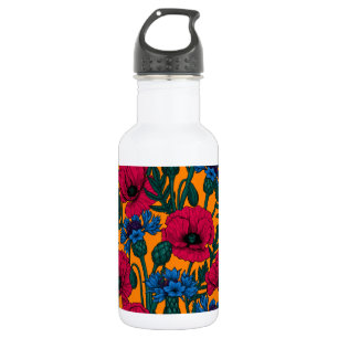 Red poppies and blue cornflowers on orange 532 ml water bottle