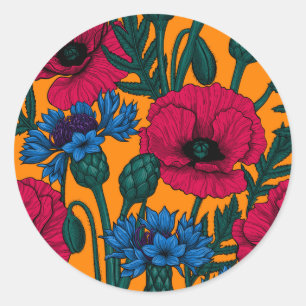 Red poppies and blue cornflowers on orange classic round sticker