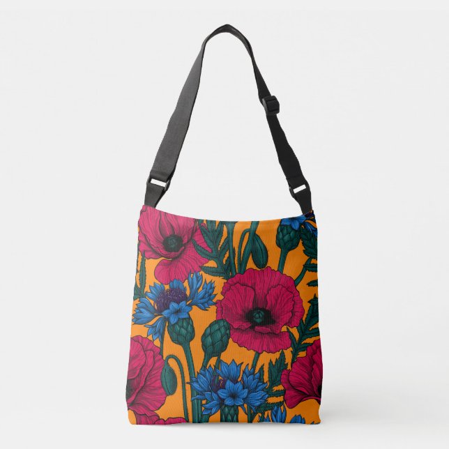 Red poppies and blue cornflowers on orange crossbody bag (Front)