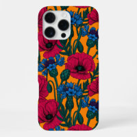 Red poppies and blue cornflowers on orange