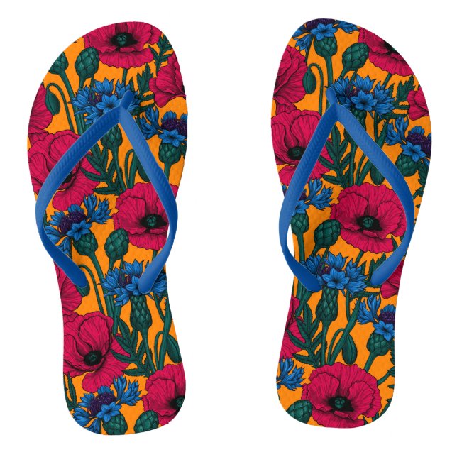 Red poppies and blue cornflowers on orange jandals (Footbed)