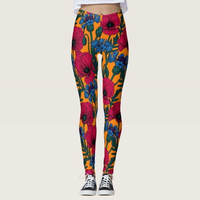 Red poppies and blue cornflowers on orange leggings (Front)
