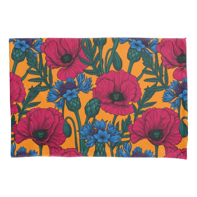 Red poppies and blue cornflowers on orange pillowcase (Front)